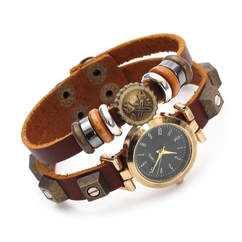 Women Accessories Pk - Quarzuhr im Punk-Stil, handgefertigtes Lederarmband, Vintage-Unisex-Armbanduhr