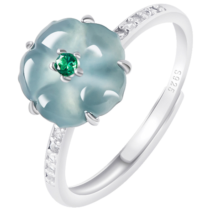 Women Accessories Gift - Blaue Burmesische Jadeit-Blumenringe 925 Silber Natürlicher