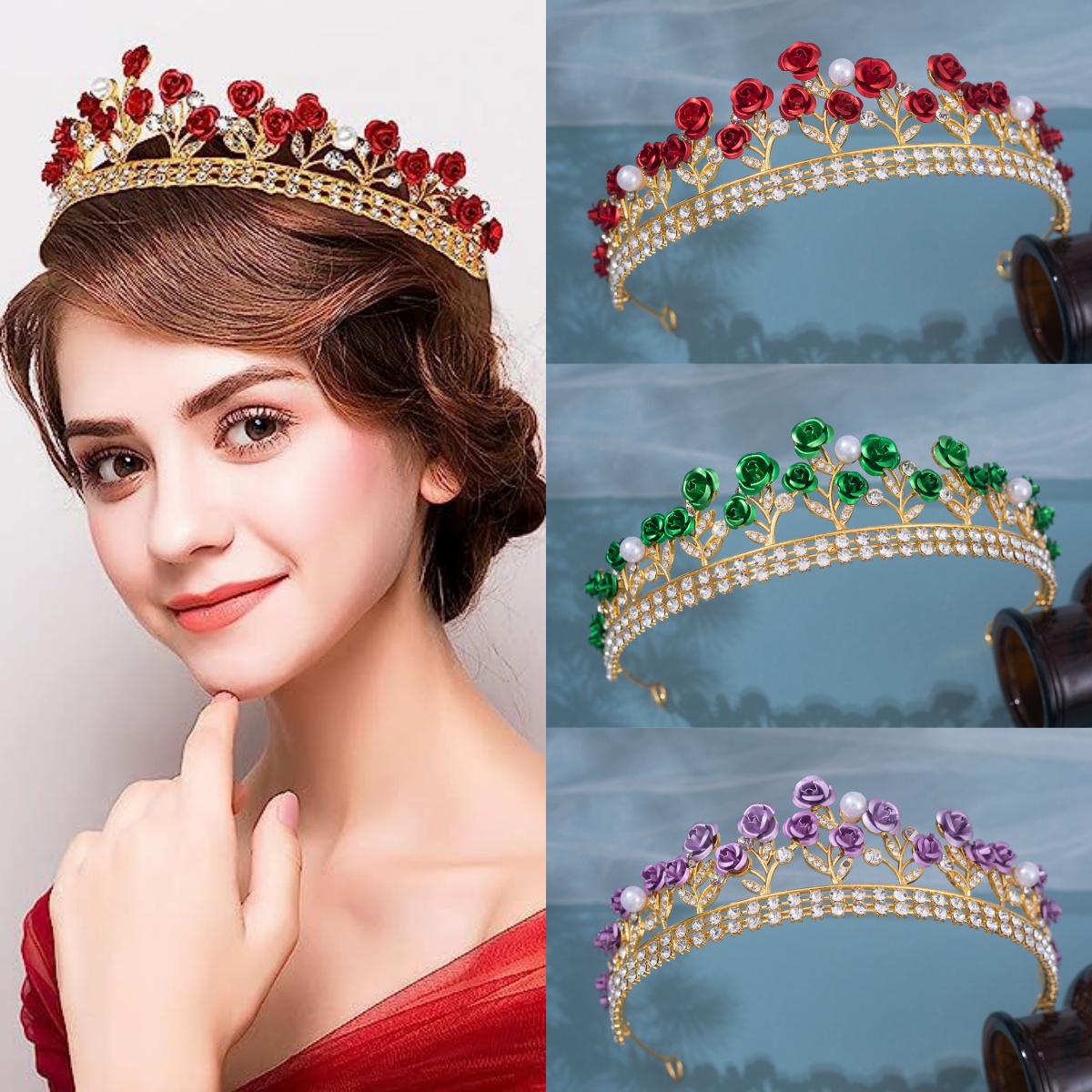 Women'S Vintage Accessories - Barocke Keramik-Brautkrone Strass-Diadem Haarschmuck Kristall-Perlen-Rosenkrone Tiara
